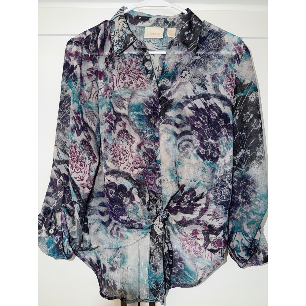 Chicos Purple Teal Abstract Paisley Tie Front Button Down Blouse Metallic Size 0